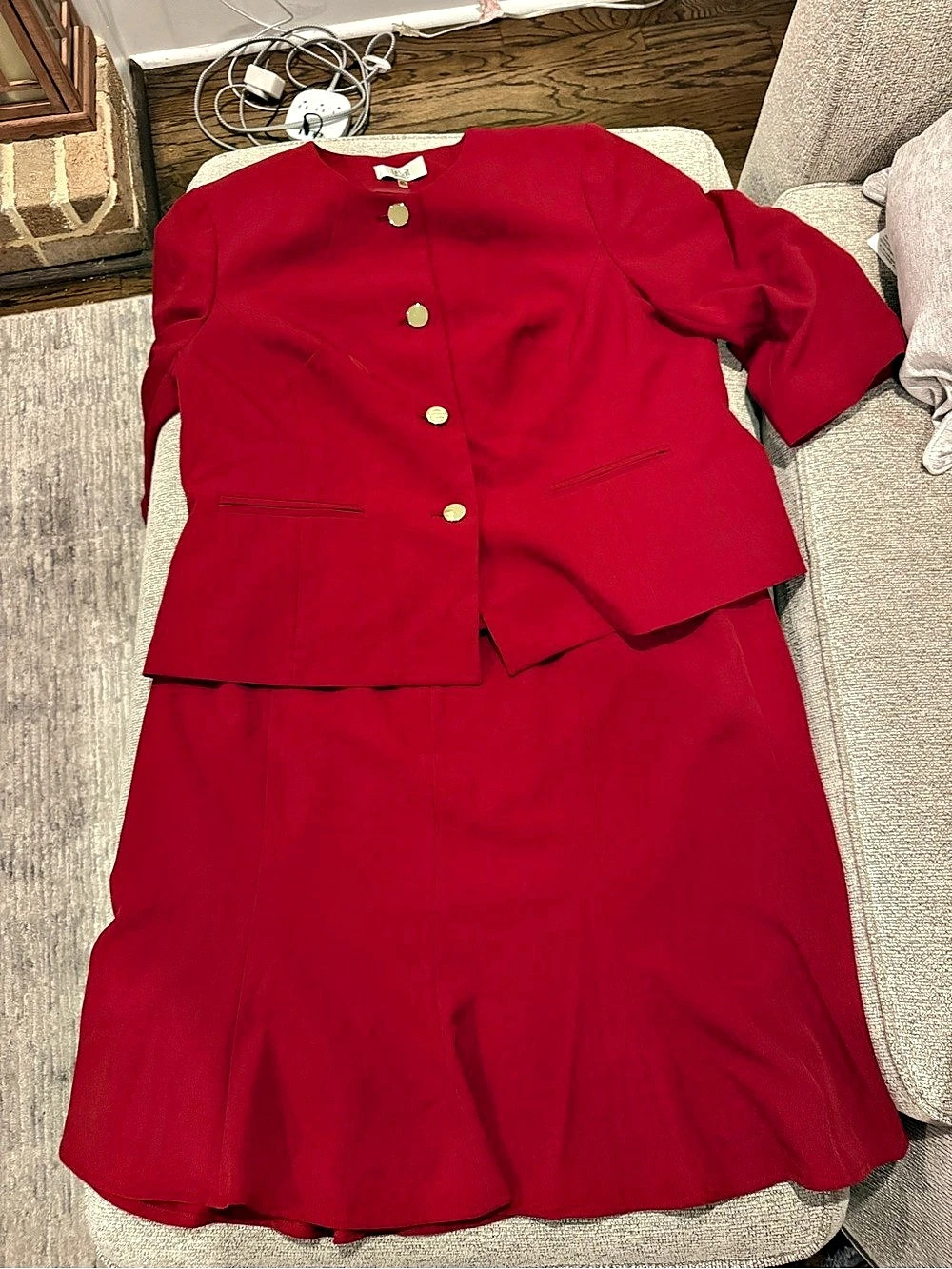 Le Suit Woman Plus Size Red Gold Button Skirt Suit Red Size 20W